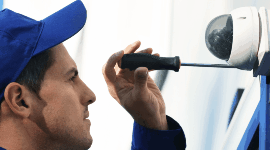 Man-installing-security-camera